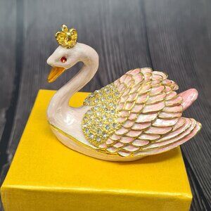 Crowned Pearl Swan Trinket Box Pink Feather Gold Tone Jewelry Ring Storage Gift